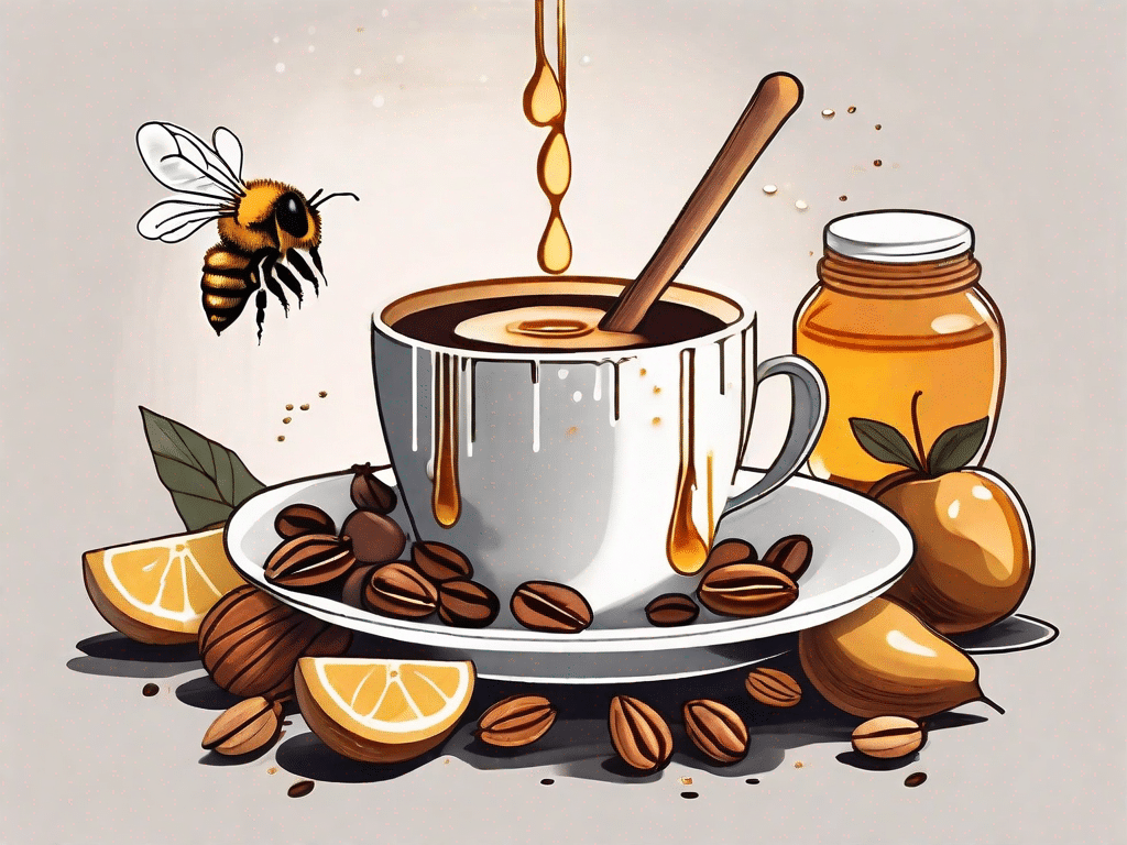 A steaming cup of coffee with a honey dipper hovering above it