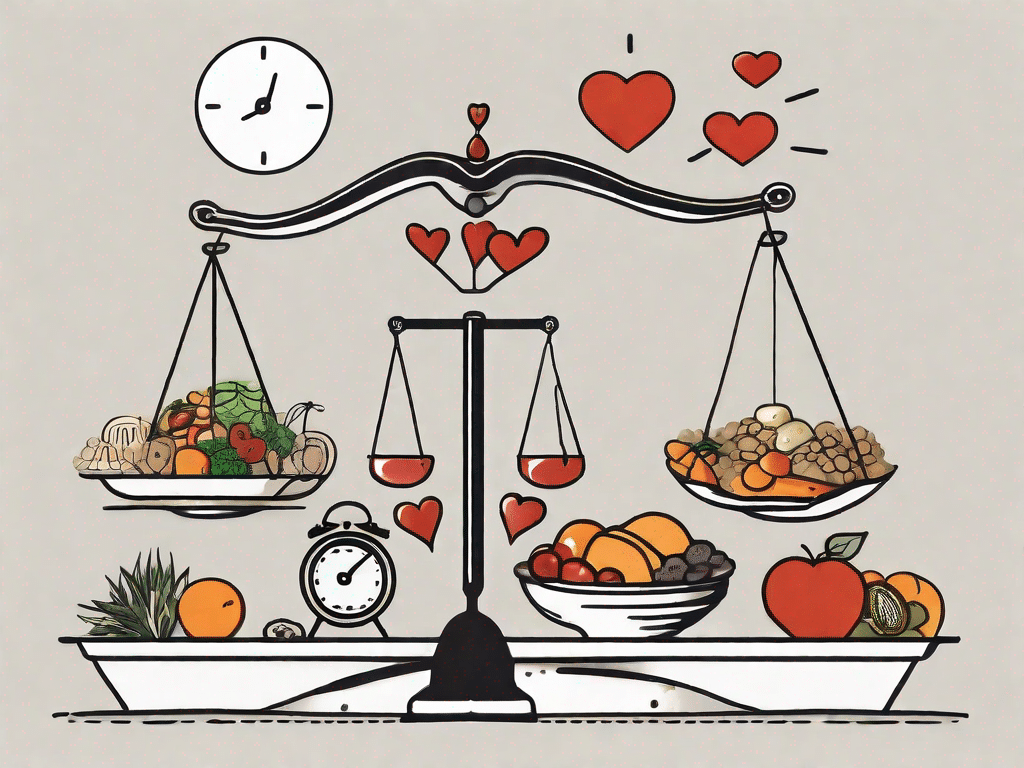 A balanced scale with different types of food on one side and therapy tools like a journal