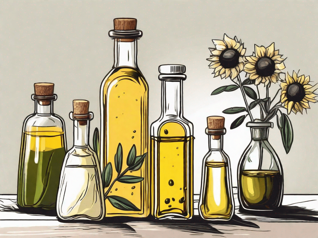 Various bottles of oils such as olive oil