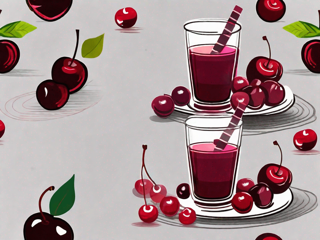 A glass of tart cherry juice surrounded by cherries