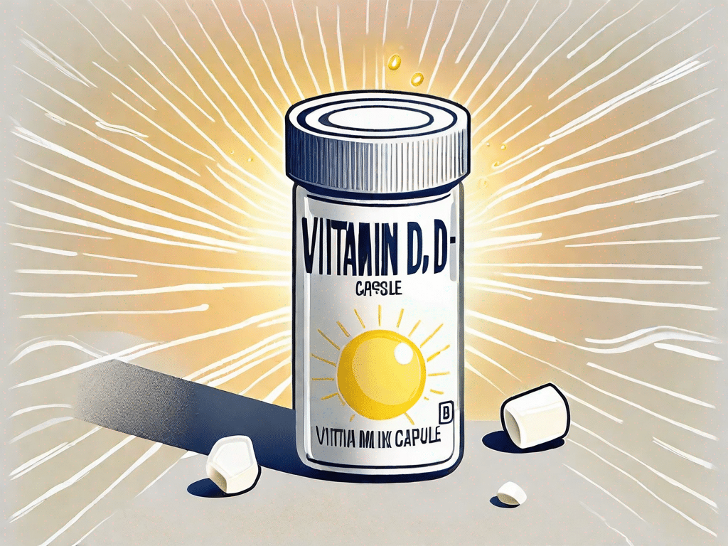 A broken vitamin d capsule with a caution sign