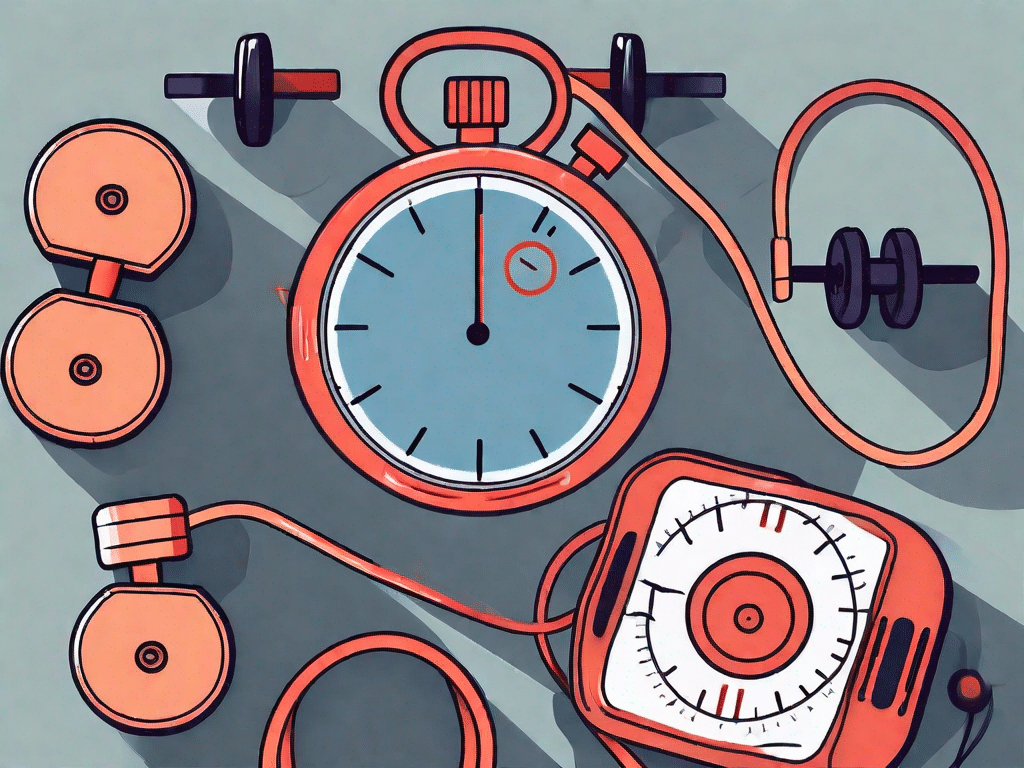 A stopwatch surrounded by various gym equipment like dumbbells