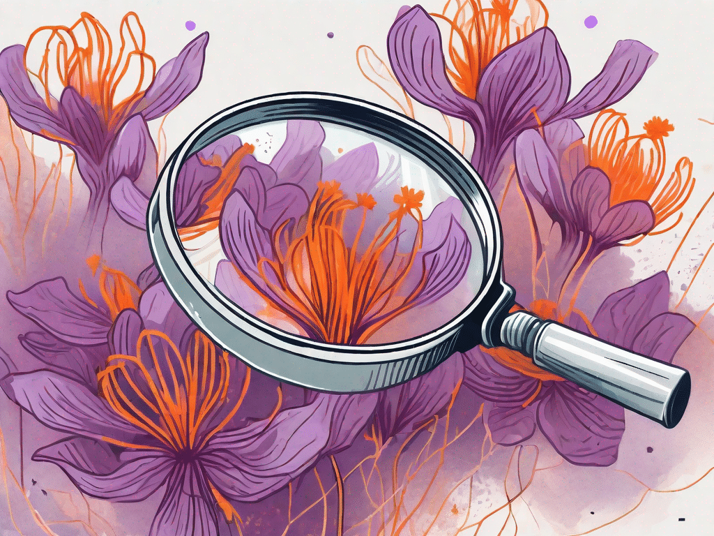 A cluster of vibrant saffron flowers in a field with a magnifying glass focusing on some strands of saffron