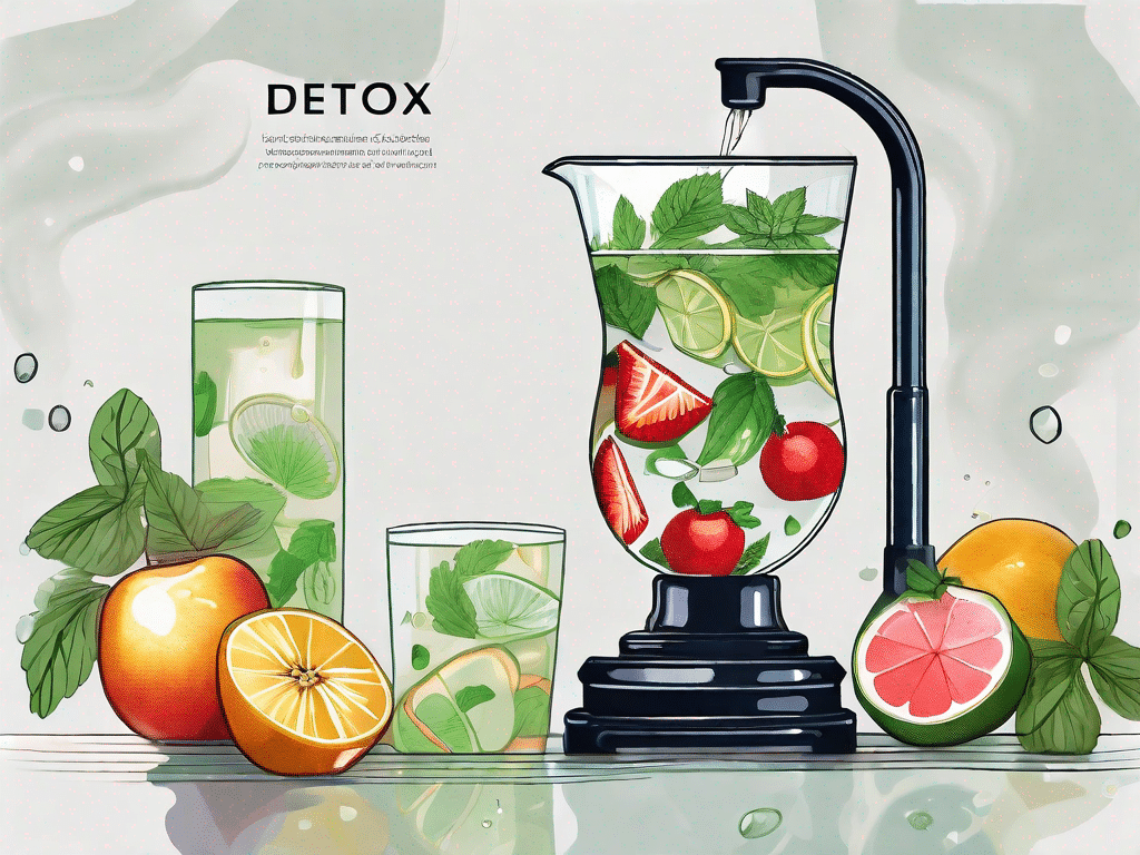 A glass of detox water with various fruits and herbs floating in it