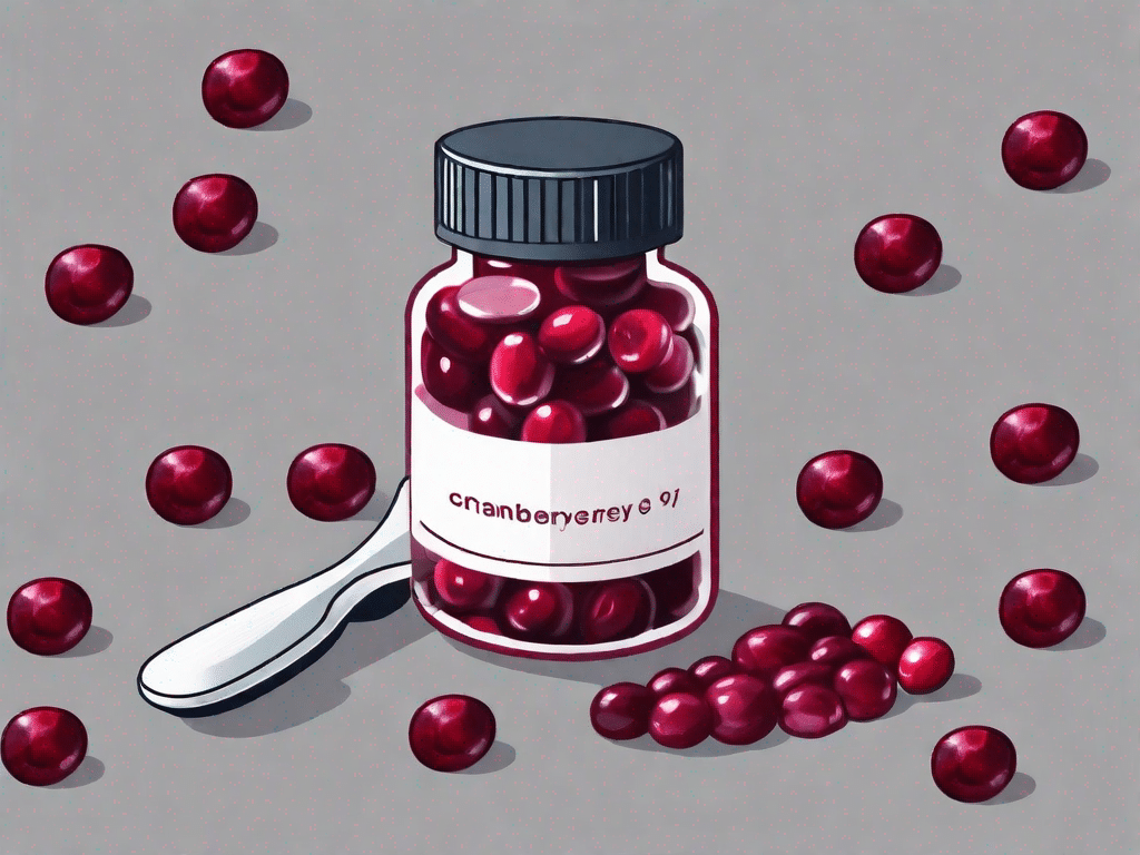 A cranberry pill bottle with a few pills spilling out