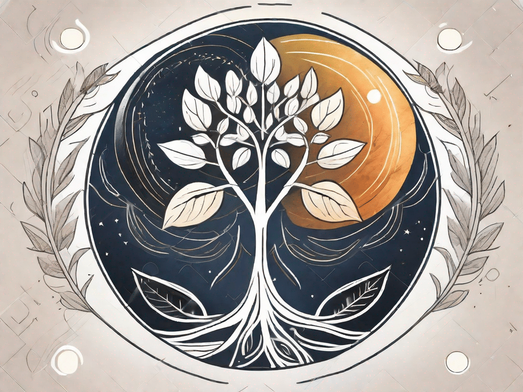 An ashwagandha plant situated between symbols of the sun and moon
