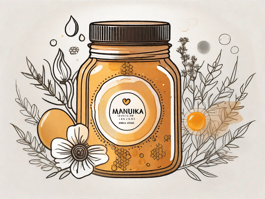 A jar of manuka honey surrounded by symbols of health and wellness