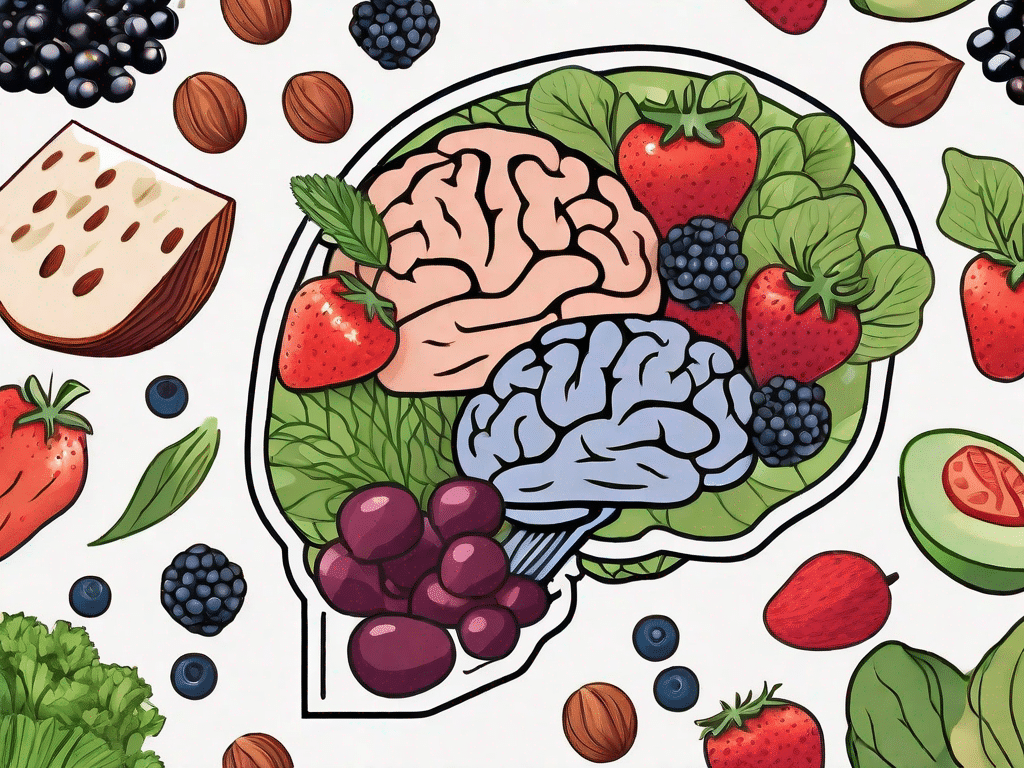 A healthy brain surrounded by various foods like berries