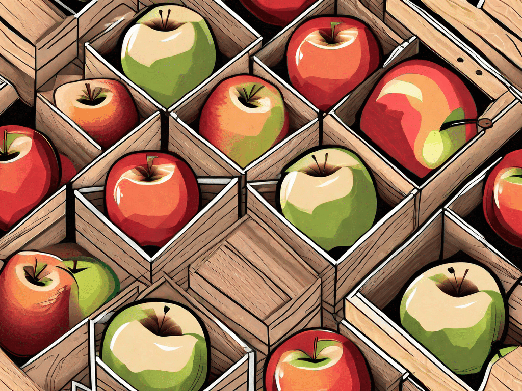 Various types of apples in a rustic wooden crate