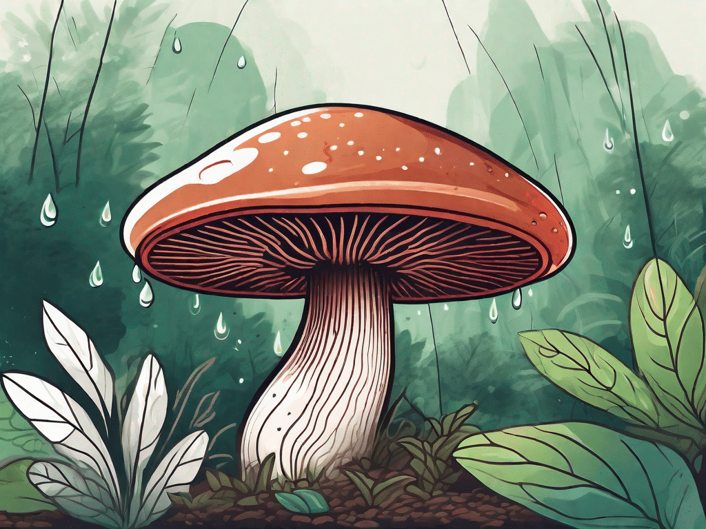 A vibrant reishi mushroom growing in a lush