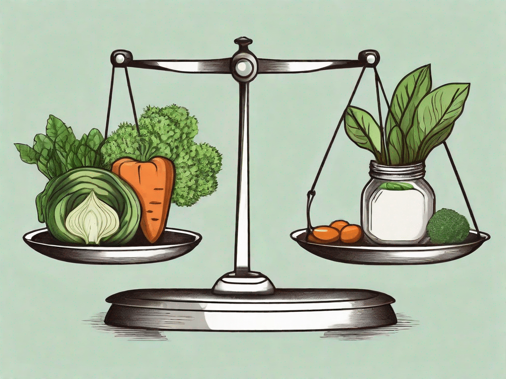A balanced scale with different plant-based foods on each side