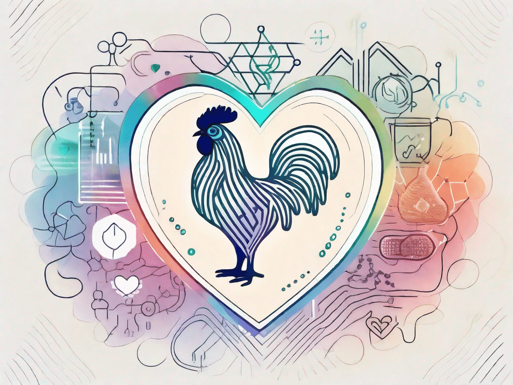 A coq10 molecule surrounded by various symbols of health like a heart