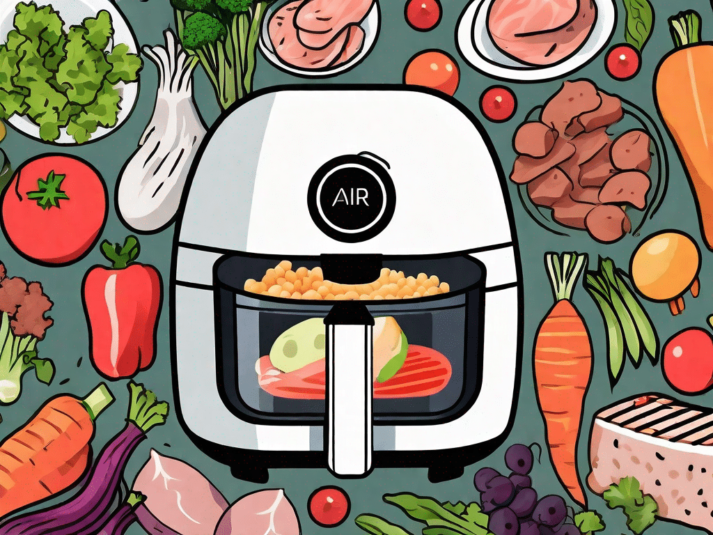 An air fryer surrounded by various healthy foods like vegetables