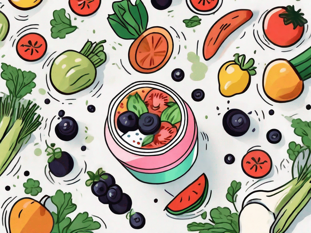 A vibrant yogurt cup surrounded by various fruits and vegetables