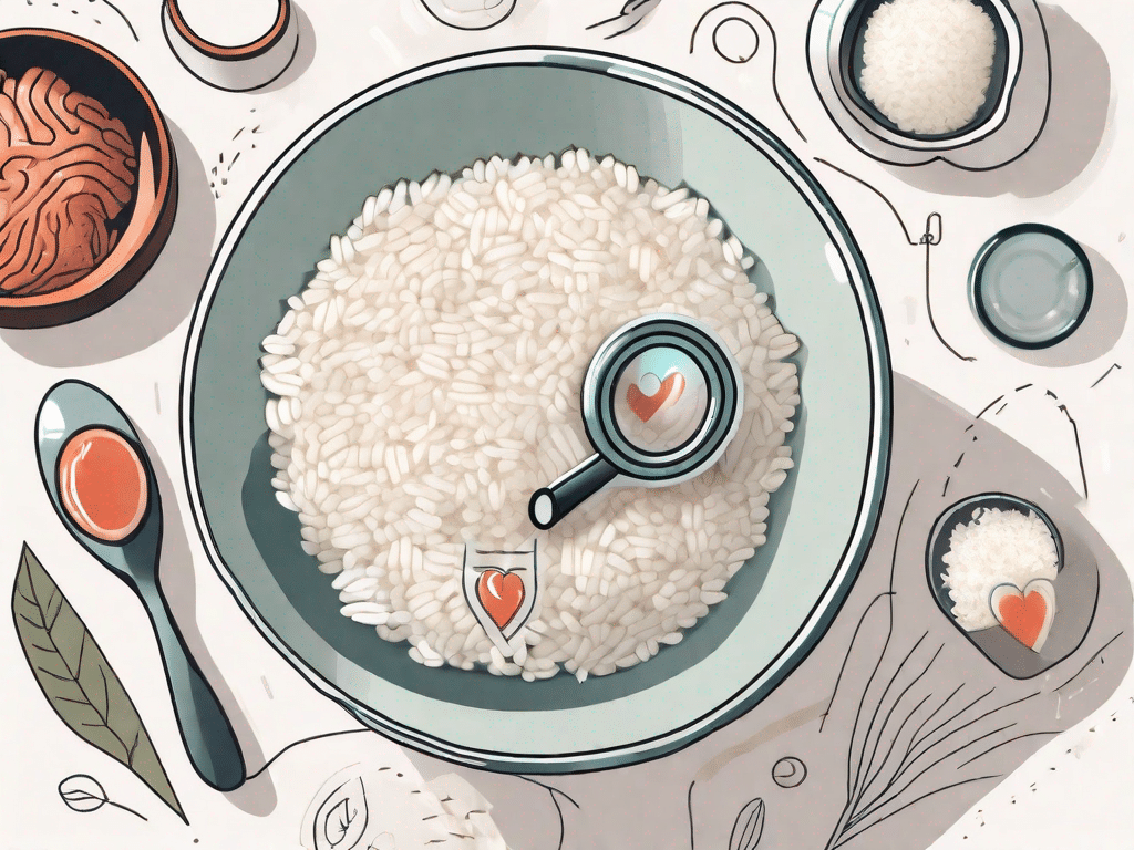 A bowl of white rice with a magnifying glass hovering over it
