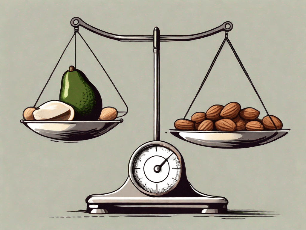 A balance scale with various healthy fats (like avocados