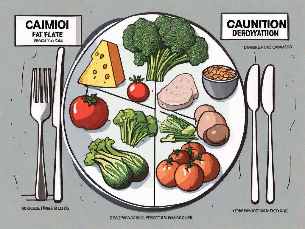 A balanced plate of low carb foods being surrounded by five caution signs