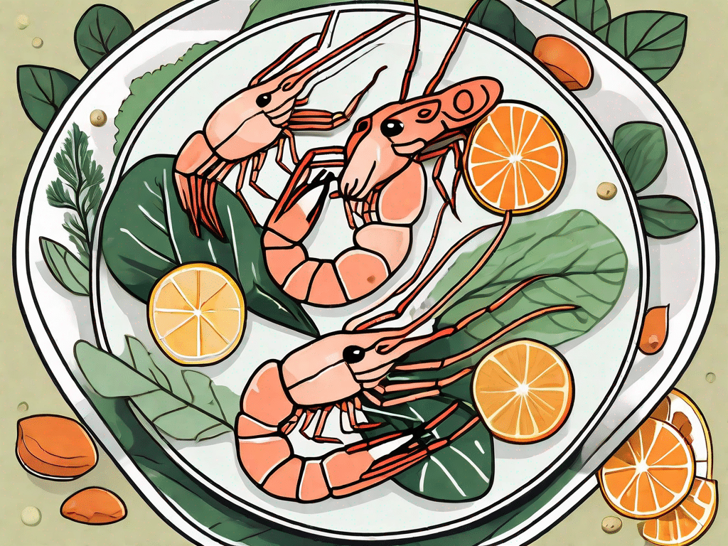 A variety of shrimps surrounded by symbolic images of vitamins and minerals