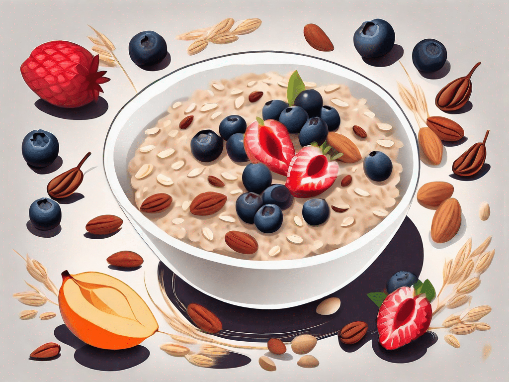 A bowl of oatmeal surrounded by oats in their raw form