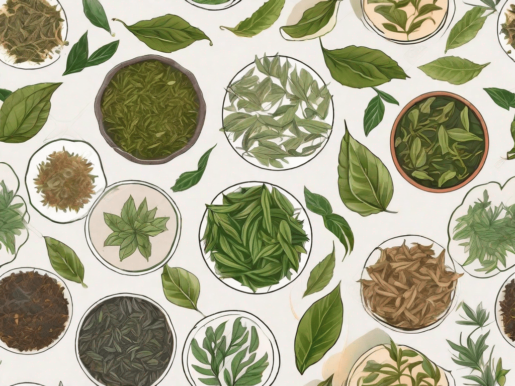 Nine different types of tea leaves arranged in a circular pattern