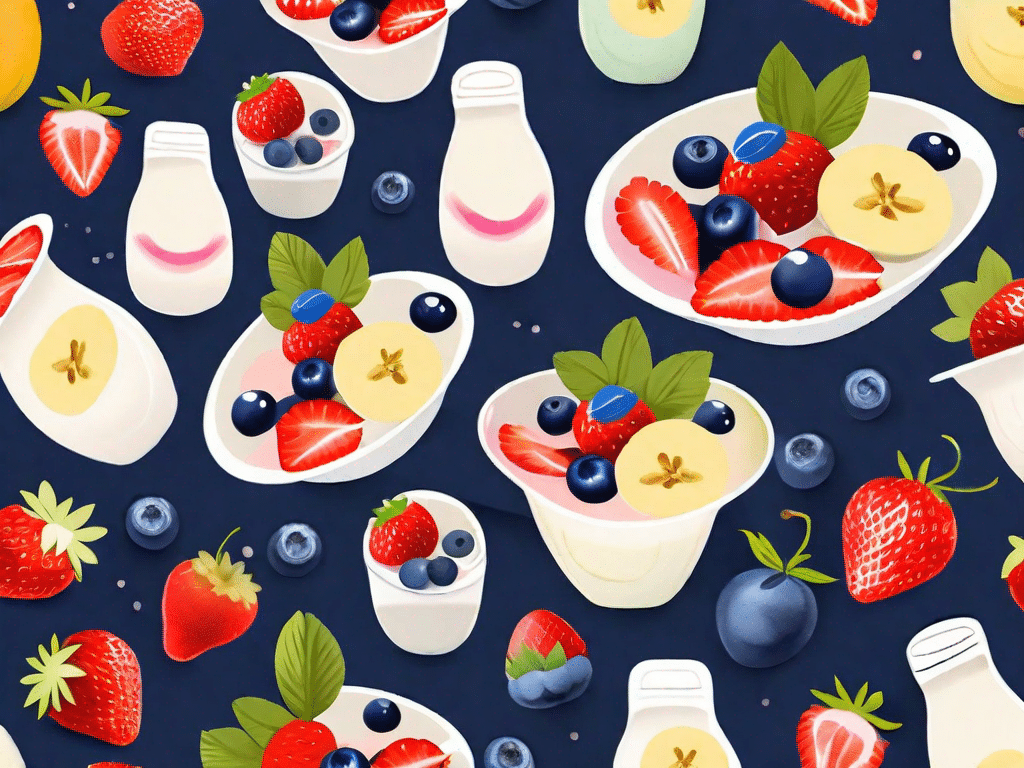 A variety of colorful yogurt cups surrounded by different fruits like strawberries