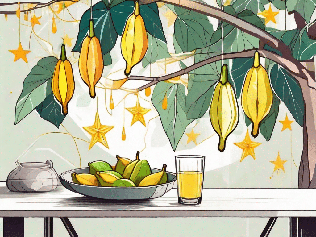 A vibrant star fruit tree with ripe star fruits hanging from it