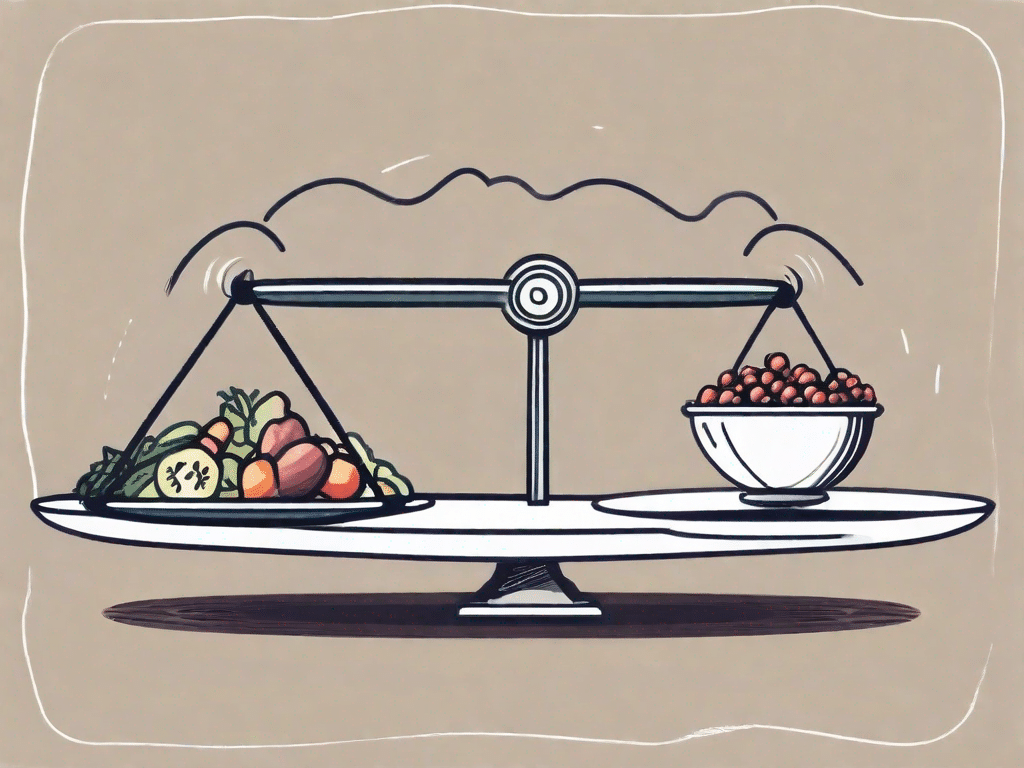 A balancing scale with a plate of nutritious food on one side and a dumbbell on the other