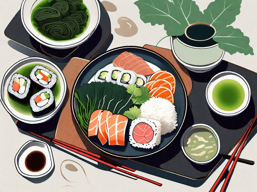 A typical japanese meal consisting of diverse foods like sushi