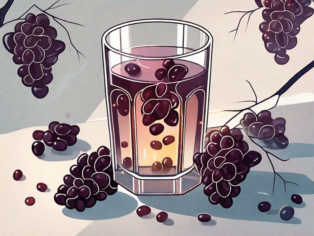A glass of raisin water surrounded by scattered raisins and a few raisin vines