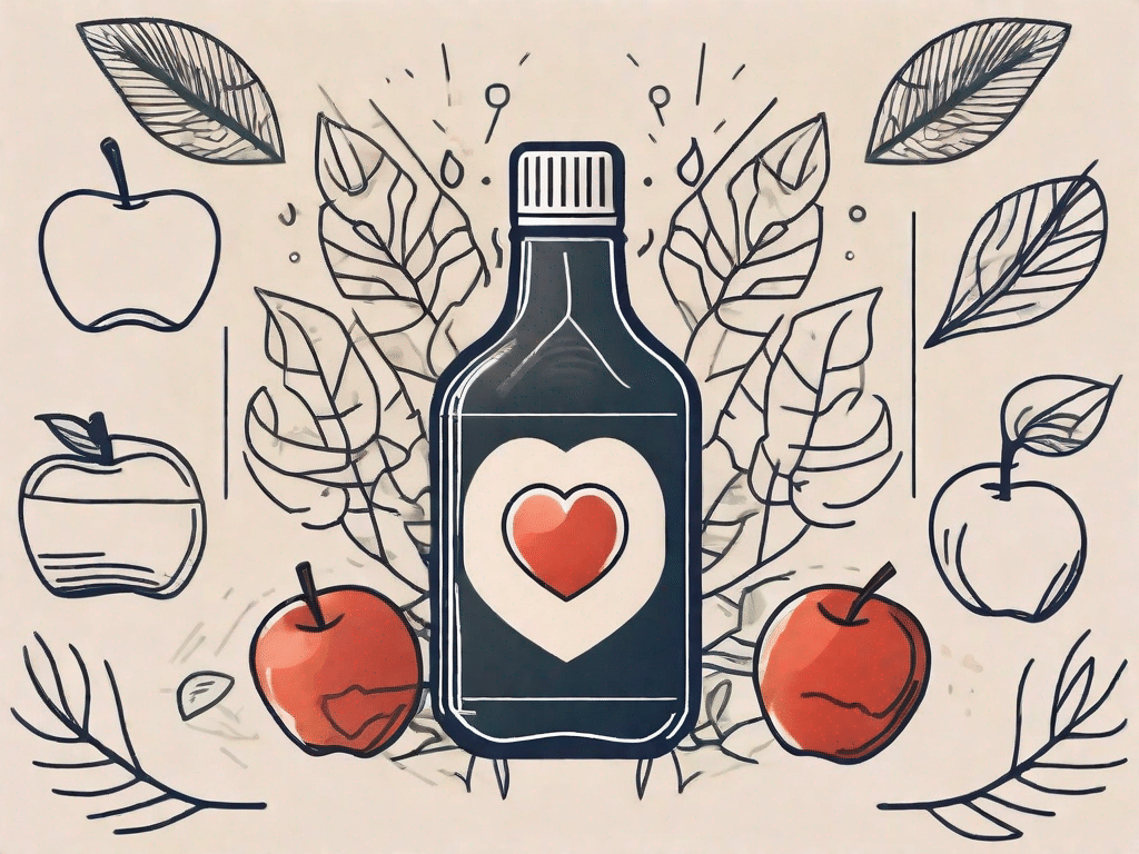 A bottle of apple cider vinegar surrounded by various symbols of health such as a heart