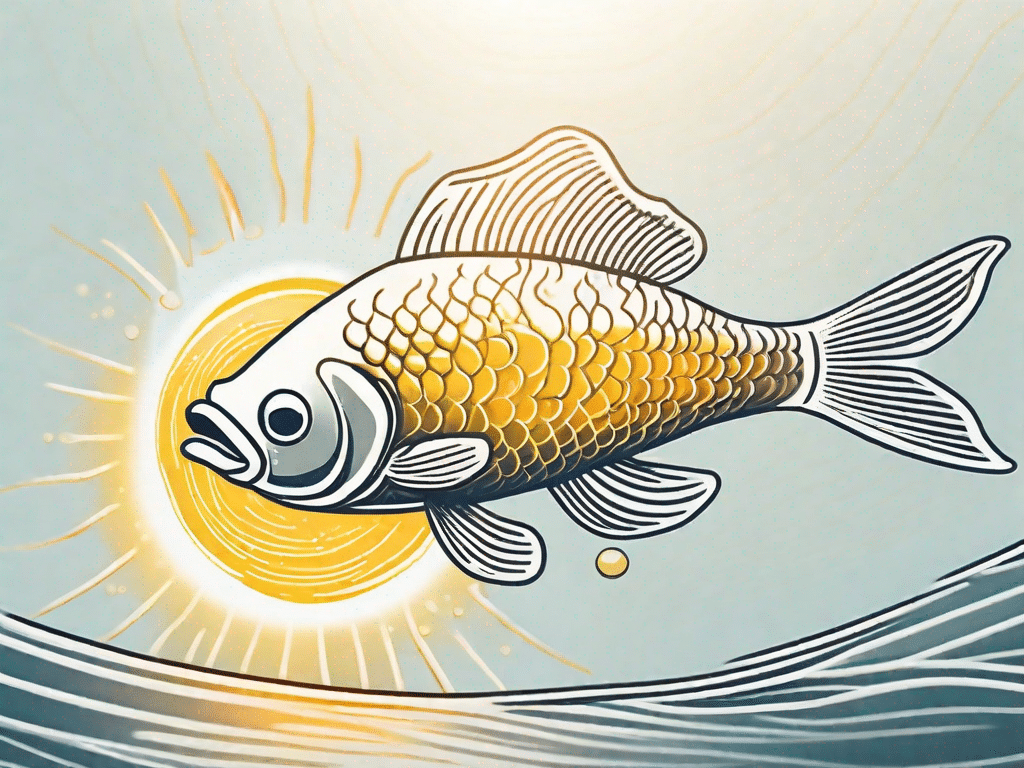 A fish leaping out of a body of water with a radiant sun in the background