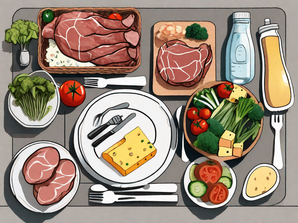 A dining table with various low-carb foods such as meat