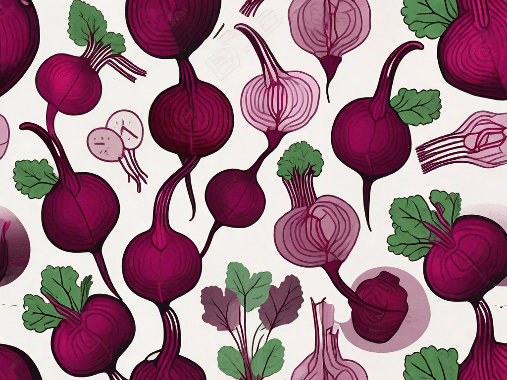 A vibrant beetroot with a peel-away section revealing various symbolic icons representing vitamins