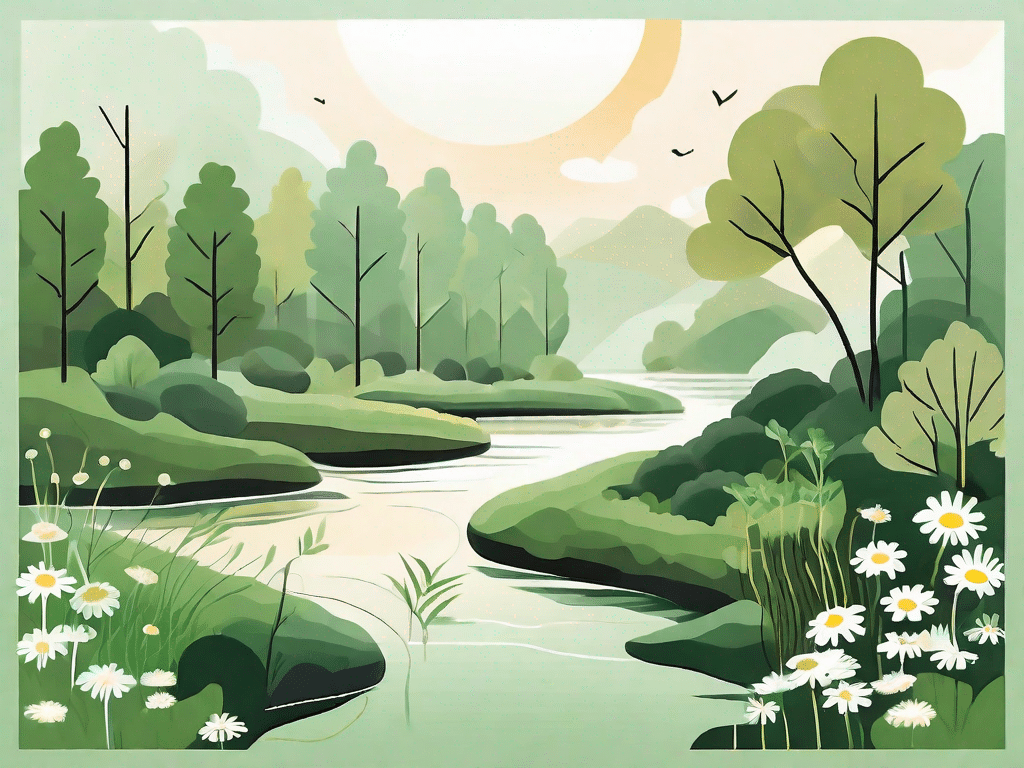 A serene natural landscape with elements like a calm river
